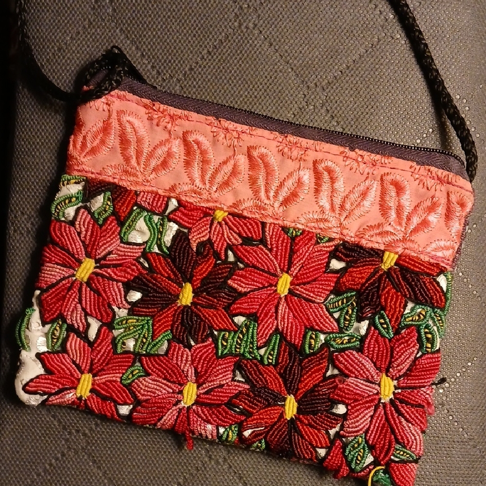 Ikat And Embroidered GUATEMALAN Floral purse - Red, Pink, Green